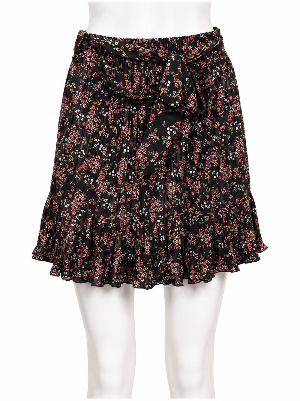 LOFT Black/Pink Floral Pleated Tie Waist Mini Skirt - Size Small